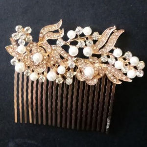 Bridal Rose Gold Tone Pearls Rhinestones Hair Comb